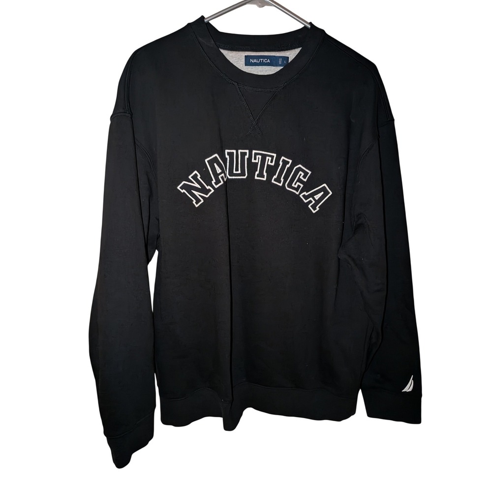 Nautica Womens Black Embroidered Logo Crewneck Sweatshirt Large Pullover Fleece